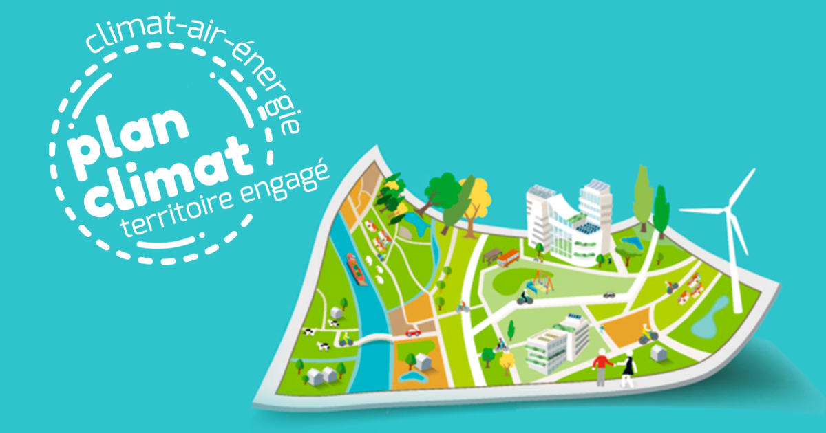 Illustration montrant une carte de territoire estampillée plan climat PAECT